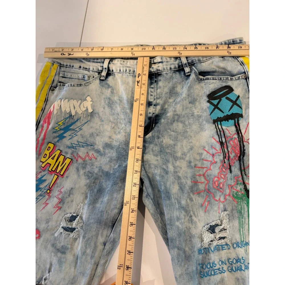 RUE21 PREMIUM Skinny Jeans Mens 40x32 Blue Acid Wash Graffiti Distressed Yellow